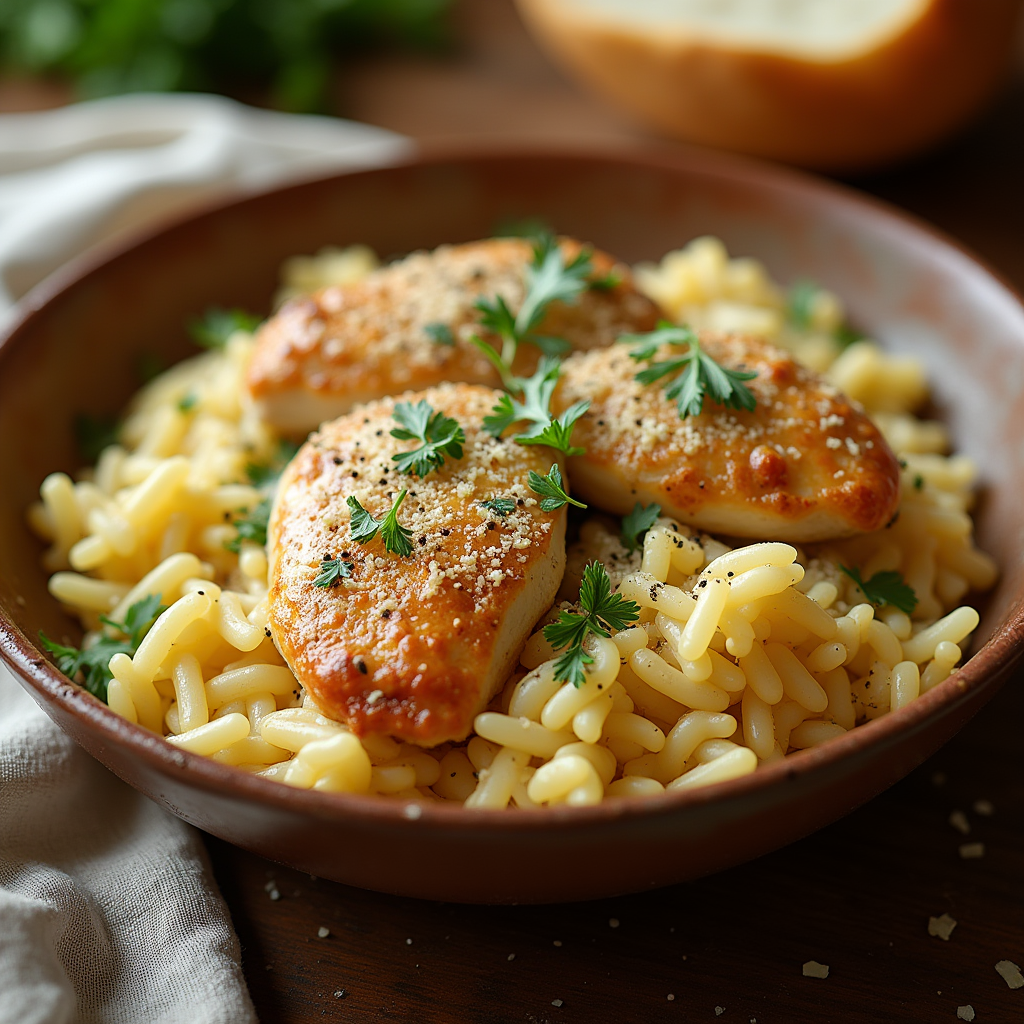 a creamy parmesan chicken and rice dish served in a rustic ceramic bowl the dish features tender go eknchiqd39viy9wpalvm 0