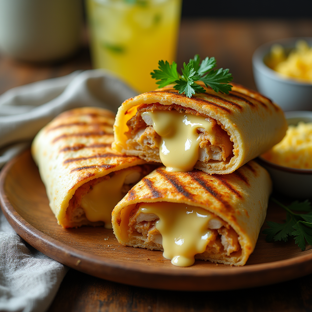 a delicious golden brown cheesy garlic chicken wrap sliced in half to reveal the gooey melted chees yp5tf8sv6rz9tqdoomcu 2