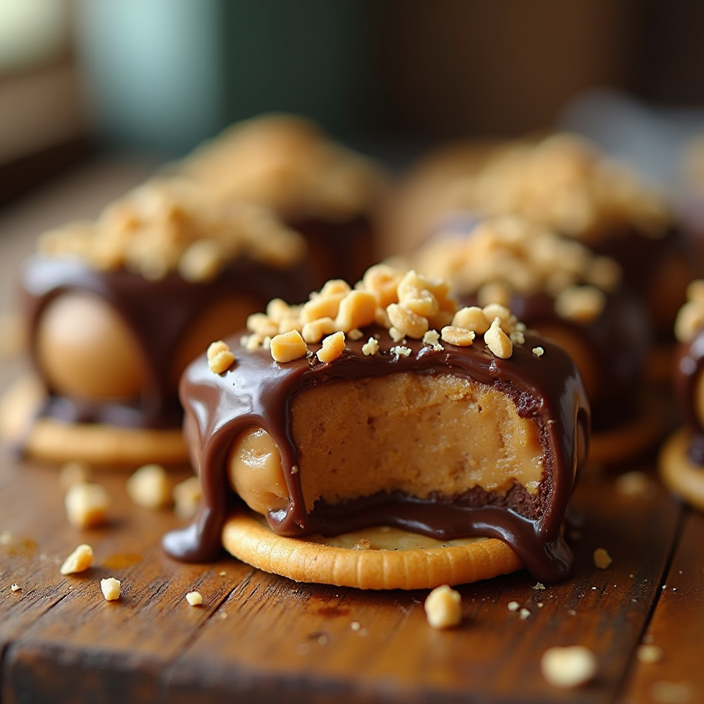 a mouthwatering close up of ritz crackers layered with creamy peanut butter and dipped halfway in r 9gm8vmjz1ljefgb9av6u 2
