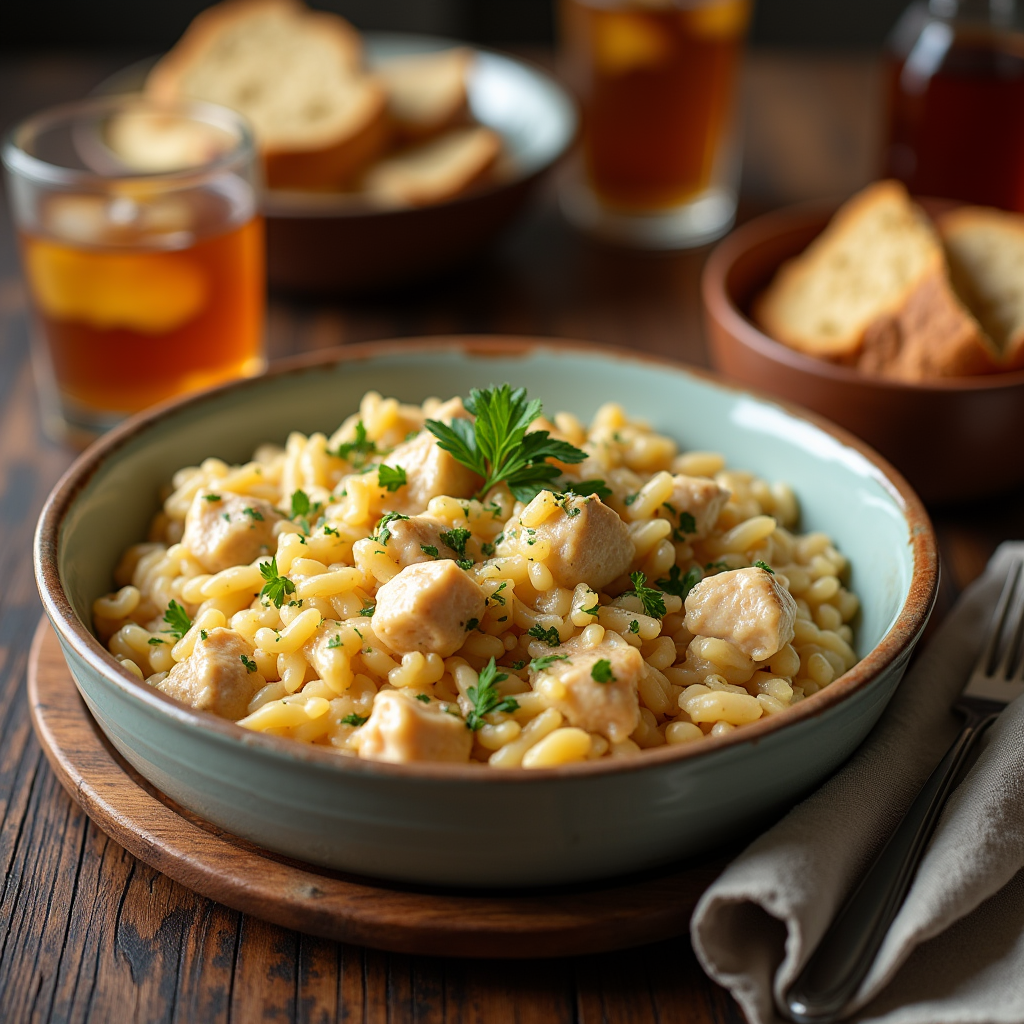 a warm and comforting bowl of old fashioned creamy chicken and rice served in a rustic ceramic dish shosyqbghvkqauv0lqkf 0