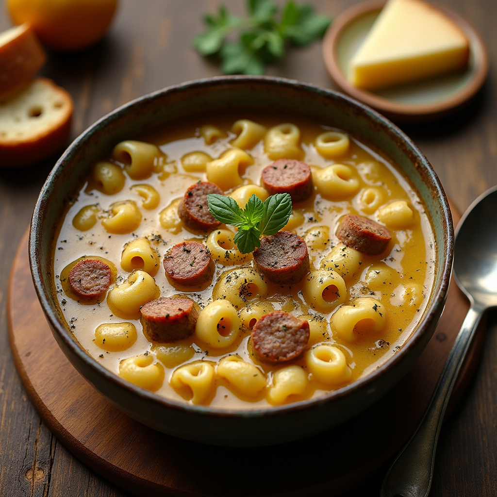 Creamy Parmesan Italian Sausage Ditalini Soup imagine prompt a cozy overhead shot of a steaming bowl of creamy parmesan italian sausage ditalini swjlv46jjxkdi8qd7bze 1